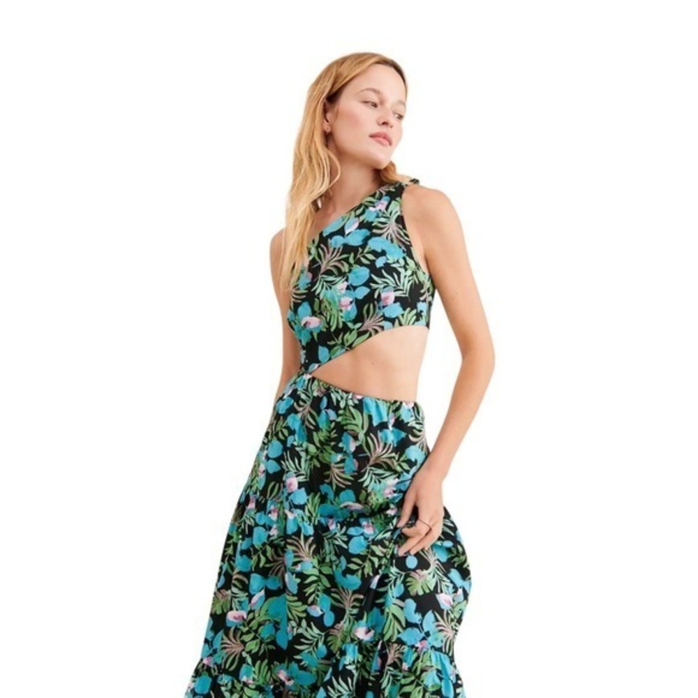 Moon River Tropical Floral One Shoulder Cutout Maxi Dress NWT XS
